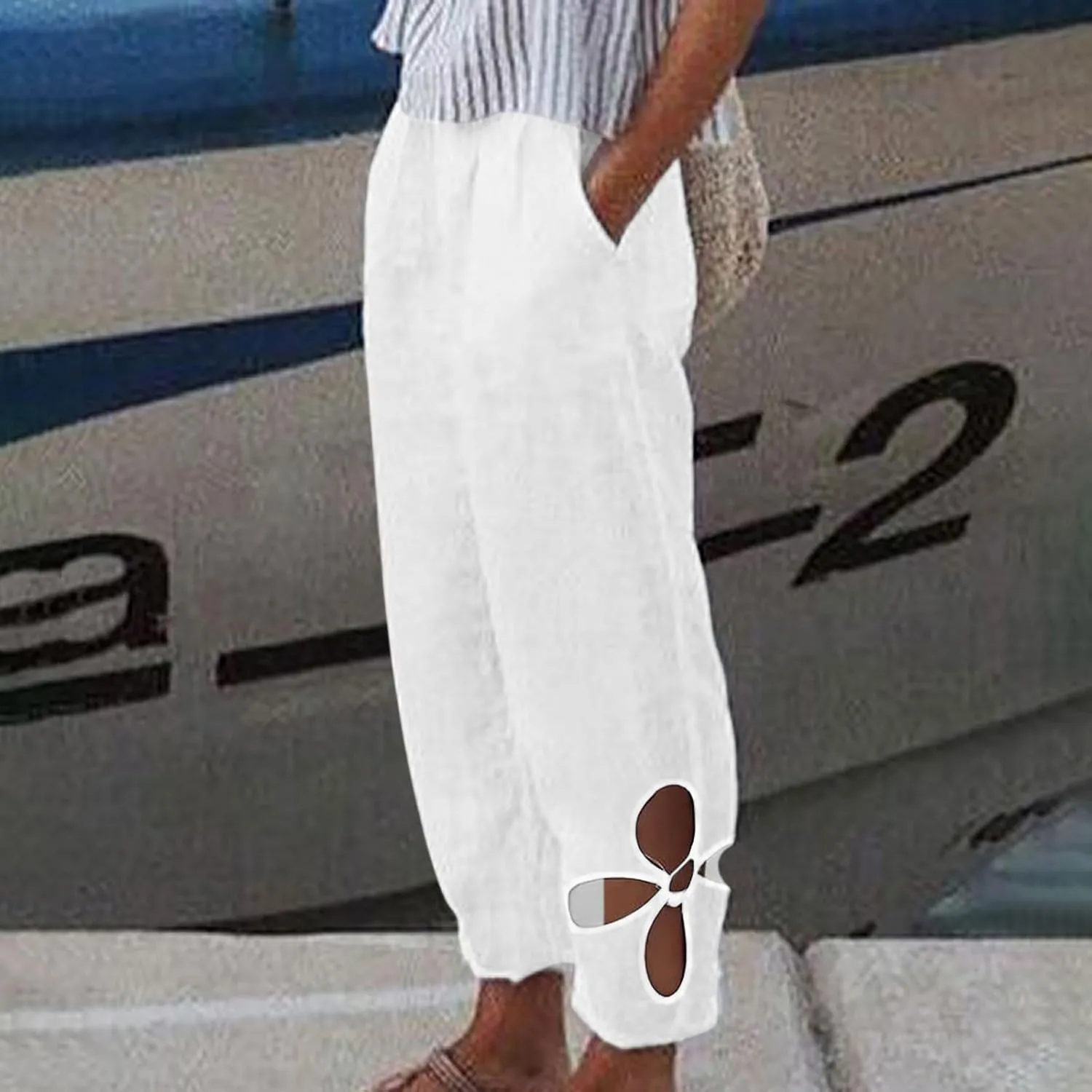 Linen Capri Pants for Women 2024 High Waisted Pants Summer Casual Loose Wide Leg Trousers Cropped Pants with Pockets