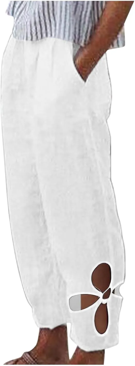 Linen Capri Pants for Women 2024 High Waisted Pants Summer Casual Loose Wide Leg Trousers Cropped Pants with Pockets