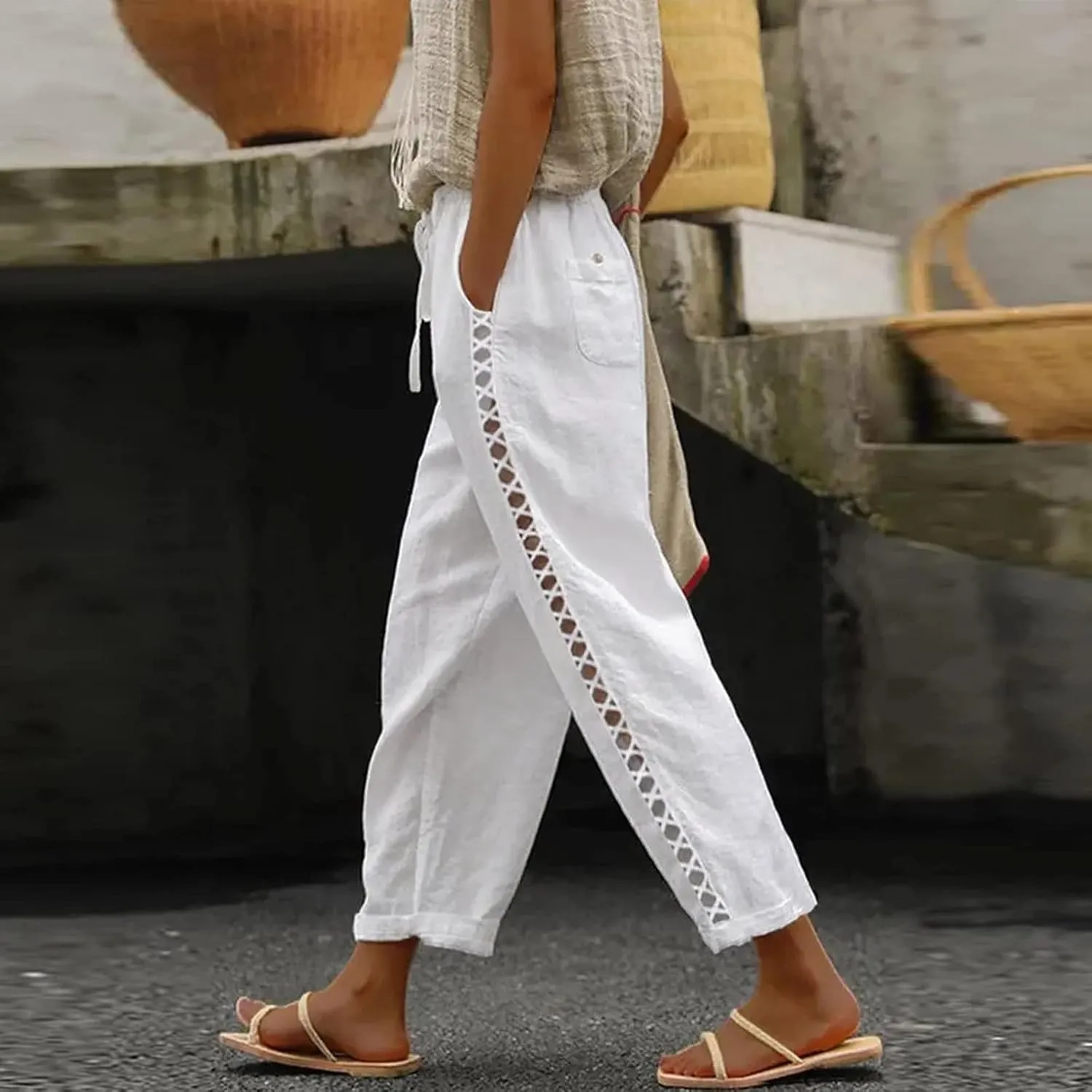 Linen Capri Pants for Women Summer Button Side Beach Pants Drawstring Elastic Waist Loose Casual Pants Comfy Cotton Yoga Pant