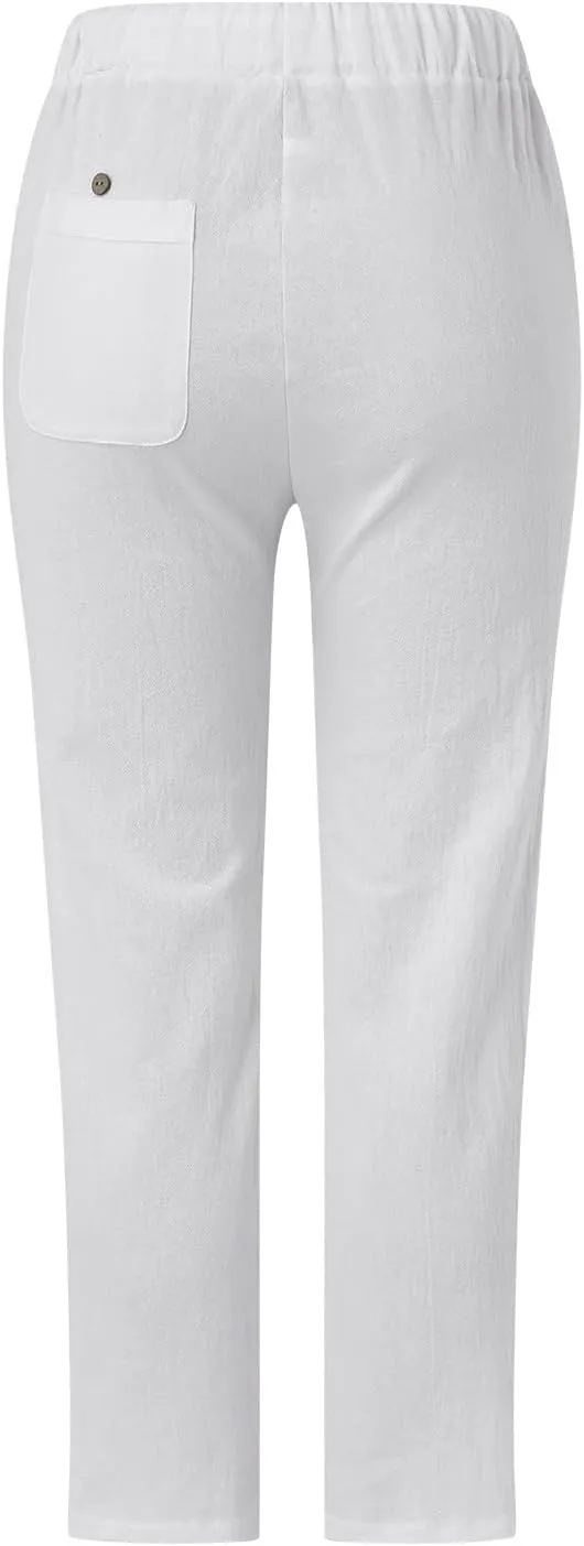 Linen Capri Pants for Women Summer Button Side Beach Pants Drawstring Elastic Waist Loose Casual Pants Comfy Cotton Yoga Pant