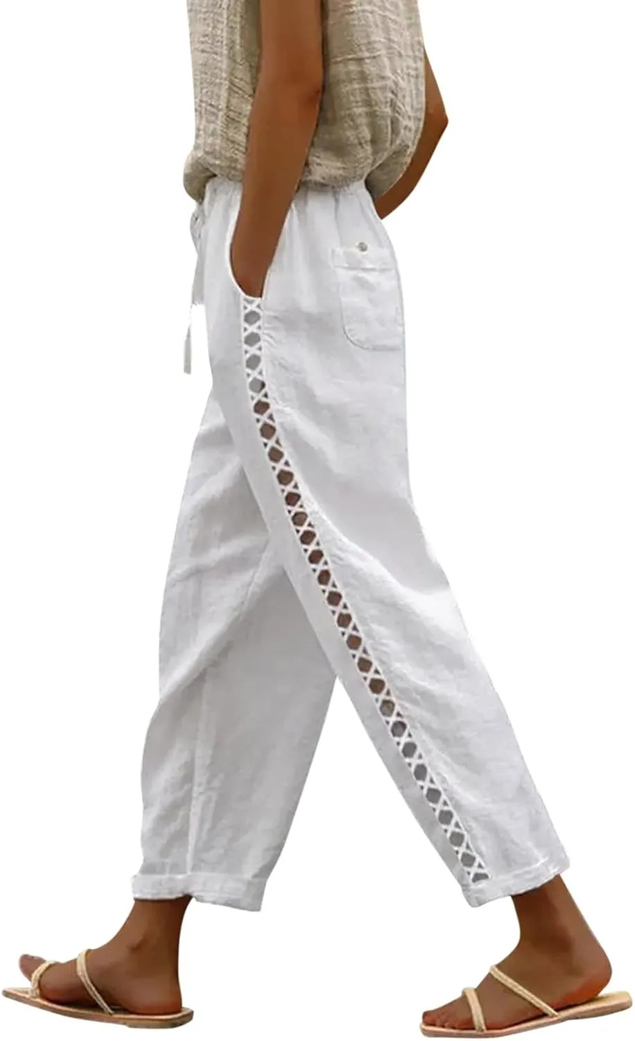 Linen Capri Pants for Women Summer Button Side Beach Pants Drawstring Elastic Waist Loose Casual Pants Comfy Cotton Yoga Pant