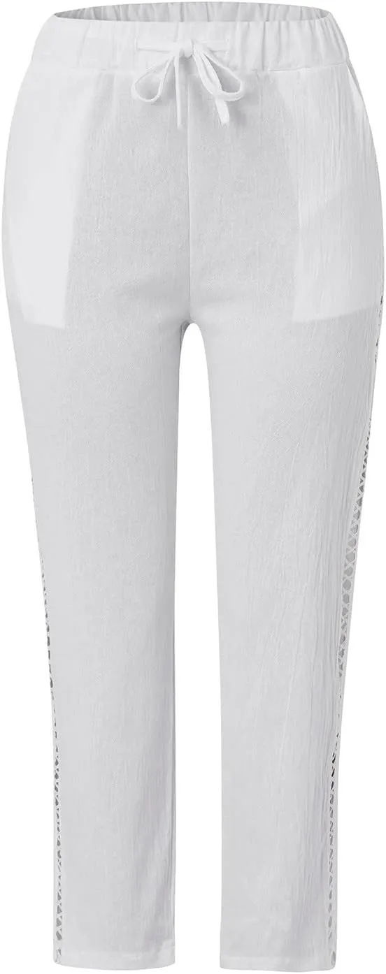 Linen Capri Pants for Women Summer Button Side Beach Pants Drawstring Elastic Waist Loose Casual Pants Comfy Cotton Yoga Pant