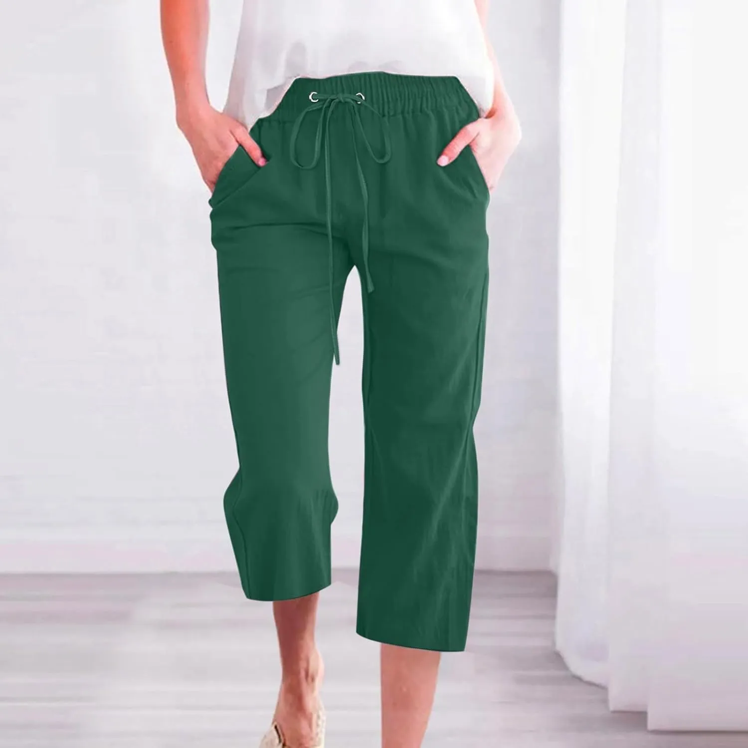 Linen Capris Pants for Women High Waisted Palazzo Trousers Casual Loose Drawstring Elasticated Beach Capris Pant with Pockets