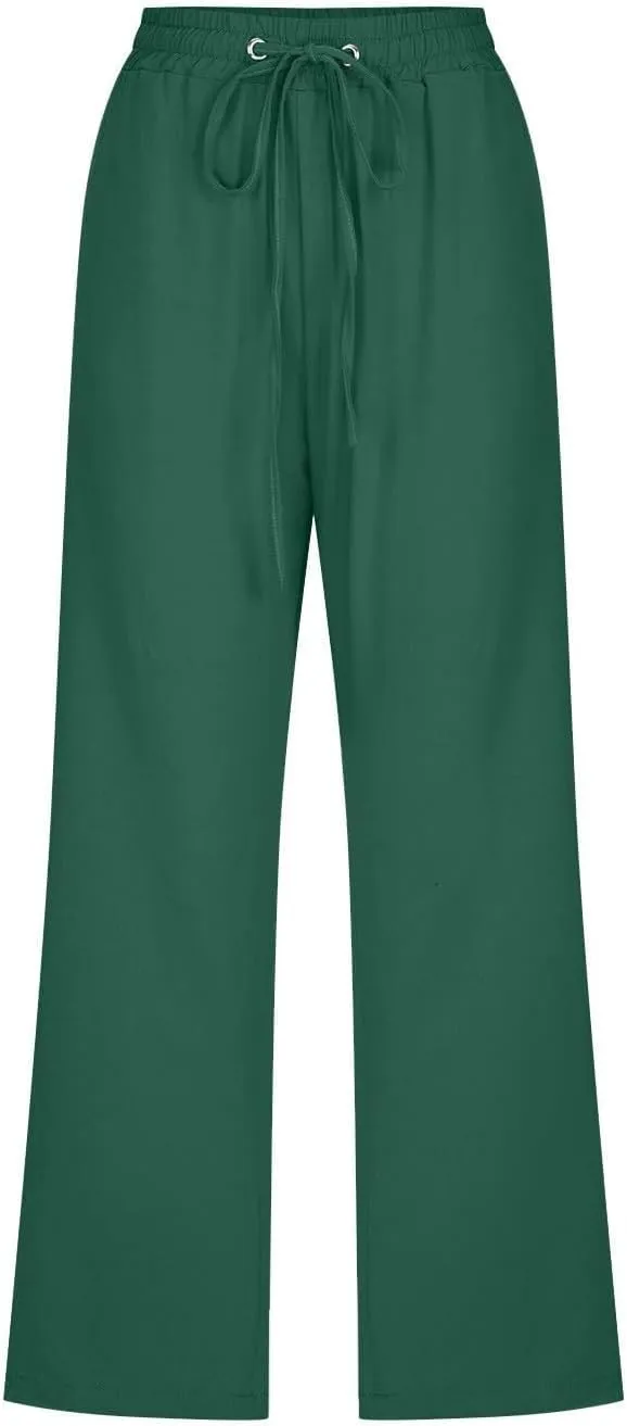 Linen Capris Pants for Women High Waisted Palazzo Trousers Casual Loose Drawstring Elasticated Beach Capris Pant with Pockets