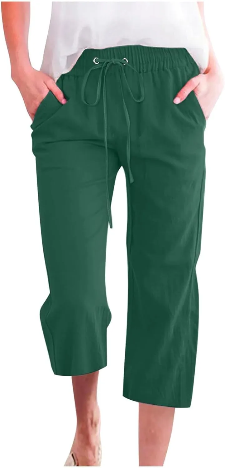 Linen Capris Pants for Women High Waisted Palazzo Trousers Casual Loose Drawstring Elasticated Beach Capris Pant with Pockets