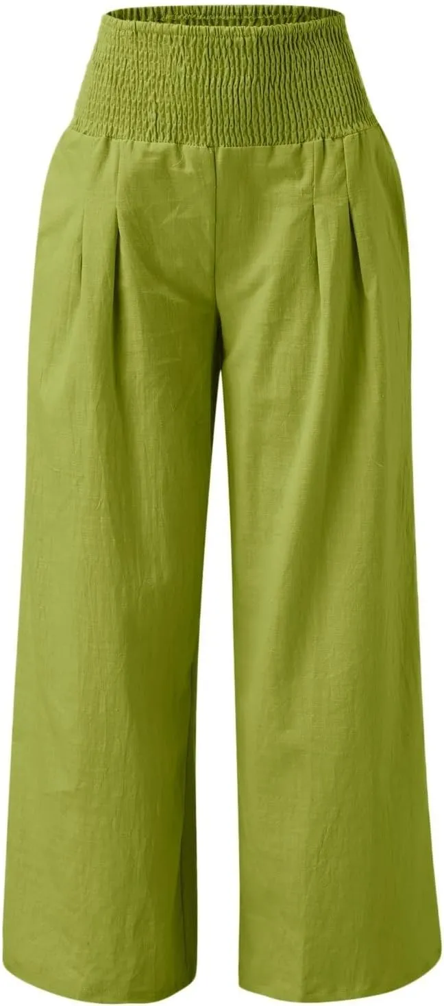 Linen Palazzo Pants for Women Summer Boho Wide Leg Pants High Waist Flowy Trousers 2025 Trendy Beach Vacation Clothes