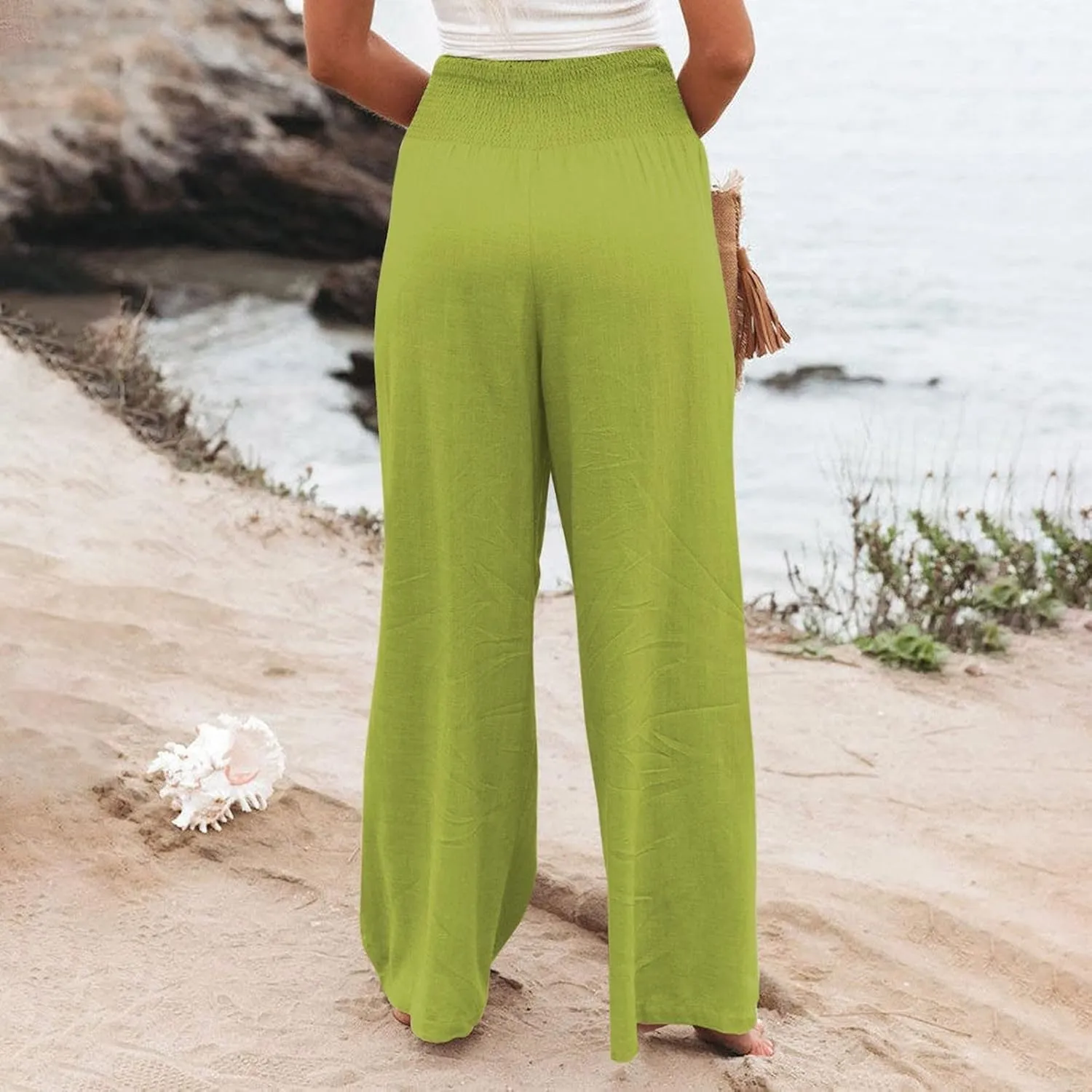Linen Palazzo Pants for Women Summer Boho Wide Leg Pants High Waist Flowy Trousers 2025 Trendy Beach Vacation Clothes