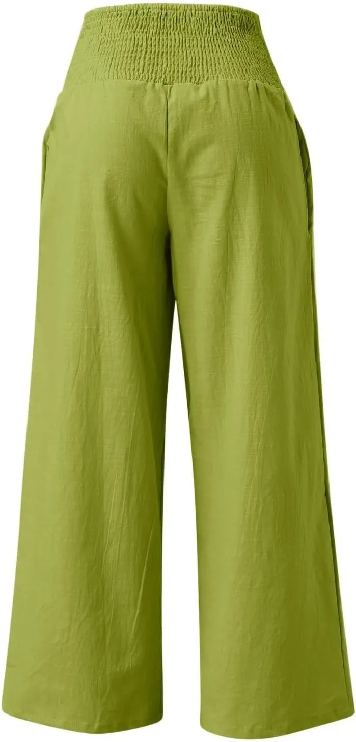 Linen Palazzo Pants for Women Summer Boho Wide Leg Pants High Waist Flowy Trousers 2025 Trendy Beach Vacation Clothes