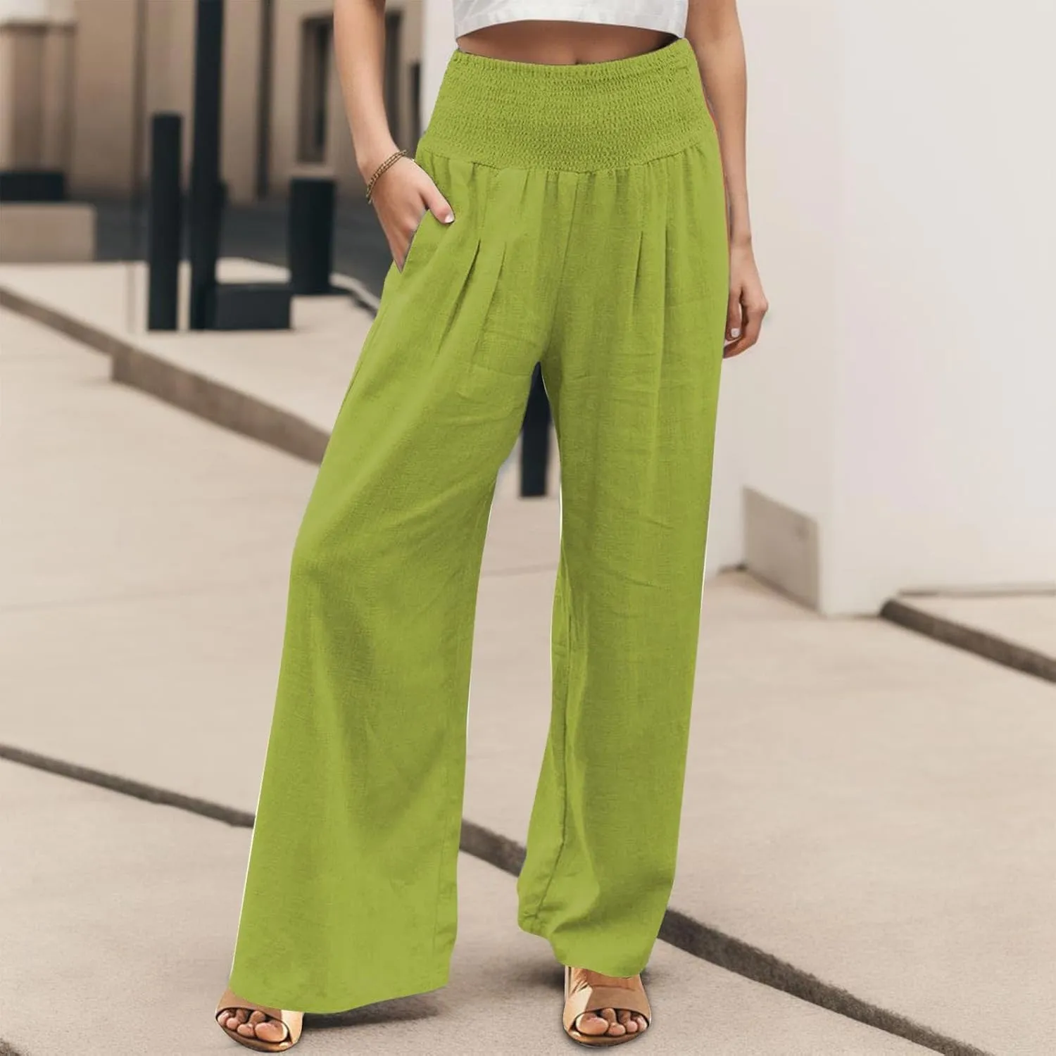 Linen Palazzo Pants for Women Summer Boho Wide Leg Pants High Waist Flowy Trousers 2025 Trendy Beach Vacation Clothes