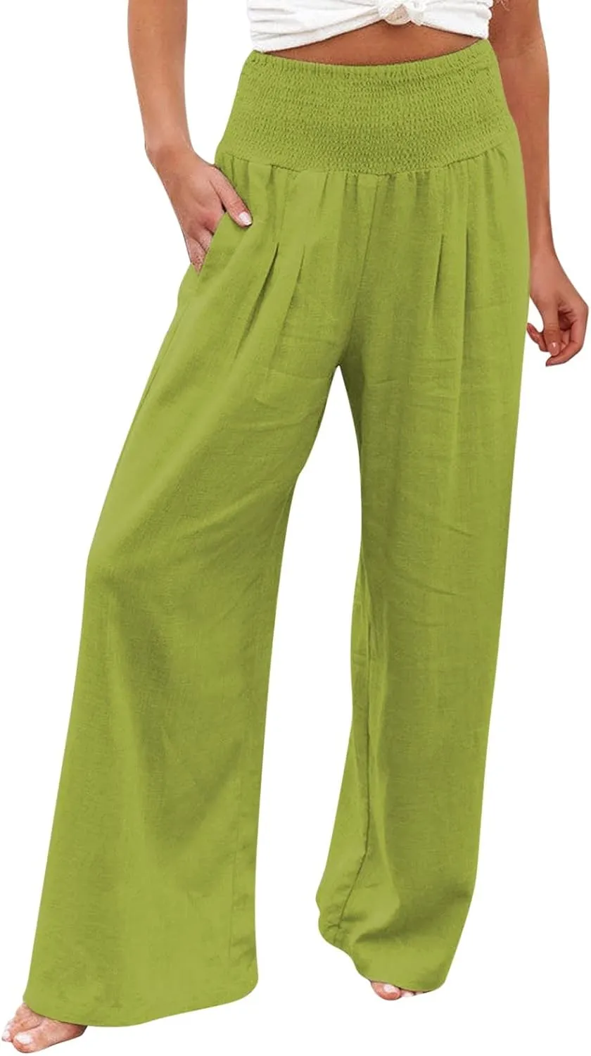 Linen Palazzo Pants for Women Summer Boho Wide Leg Pants High Waist Flowy Trousers 2025 Trendy Beach Vacation Clothes