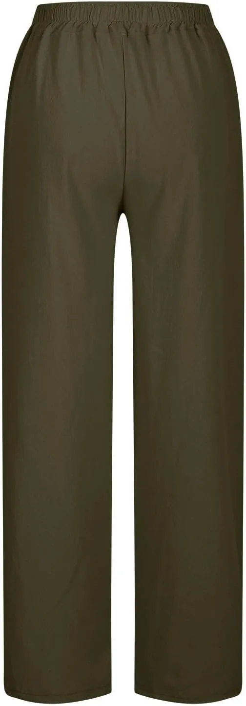 Linen Pants for Women 2025 Summer Casual Lightweight Drawstring Elastic Waist Pants Straight Leg Lounge Trousers