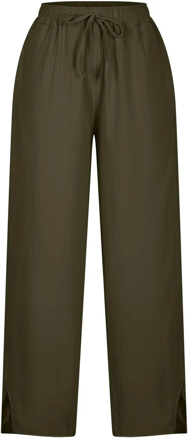 Linen Pants for Women 2025 Summer Casual Lightweight Drawstring Elastic Waist Pants Straight Leg Lounge Trousers