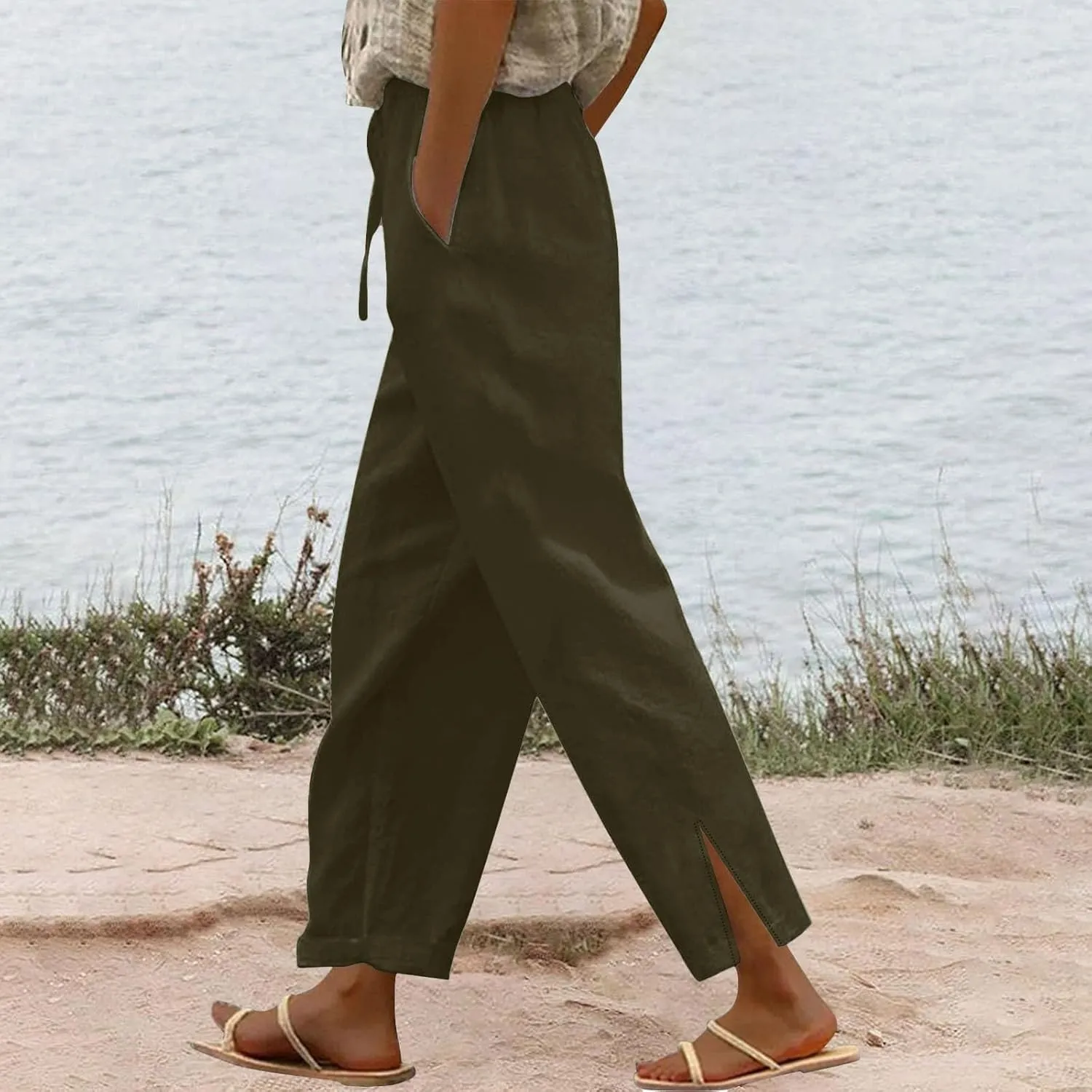 Linen Pants for Women 2025 Summer Casual Lightweight Drawstring Elastic Waist Pants Straight Leg Lounge Trousers