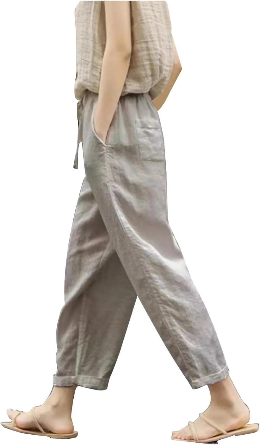 Linen Pants for Women Casual Drawstring Cropped Wide Leg Trousers Breathable Summer Palazzo Pants with Pockets