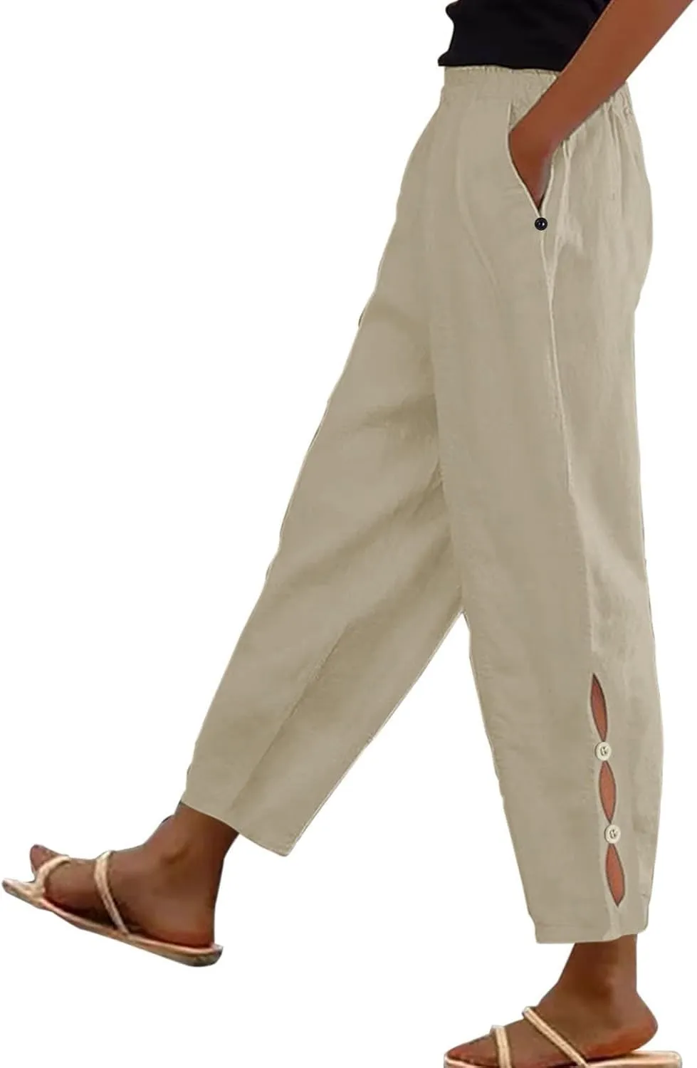 Linen Pants for Women High Waist Hollow Out Cropped Trousers Loose Summer Beach Cropped Pants with Pockets