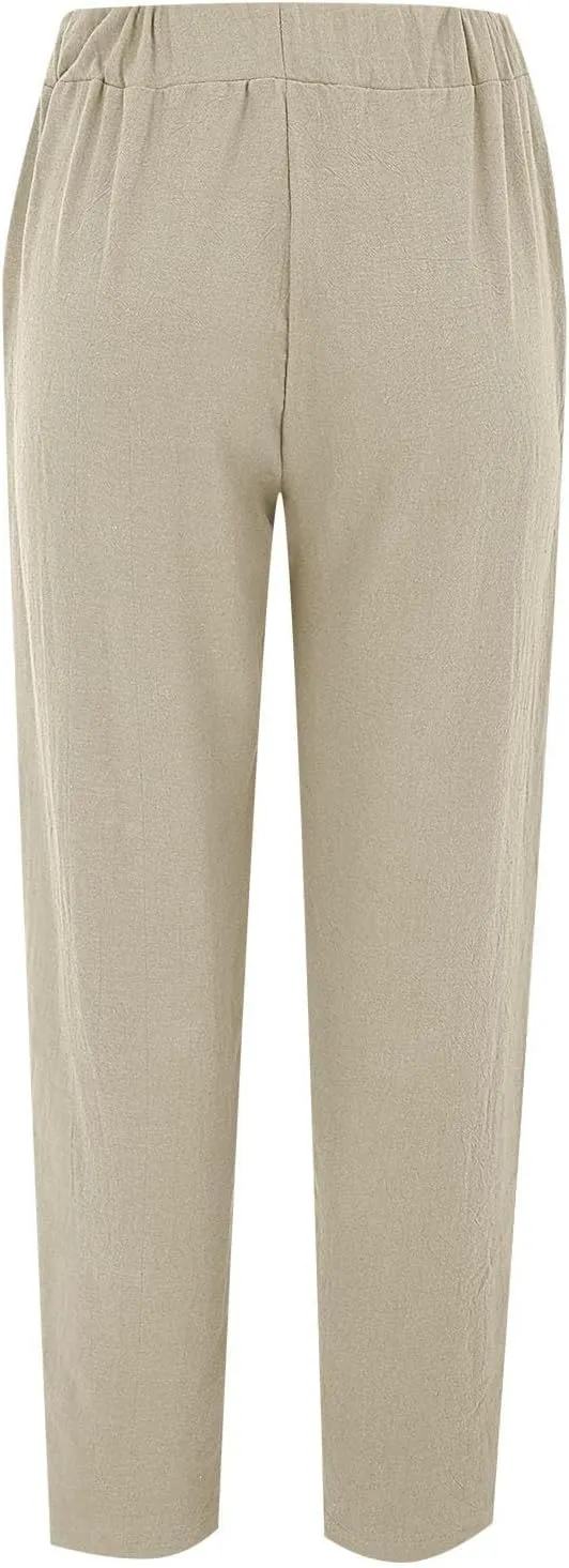 Linen Pants for Women High Waist Hollow Out Cropped Trousers Loose Summer Beach Cropped Pants with Pockets