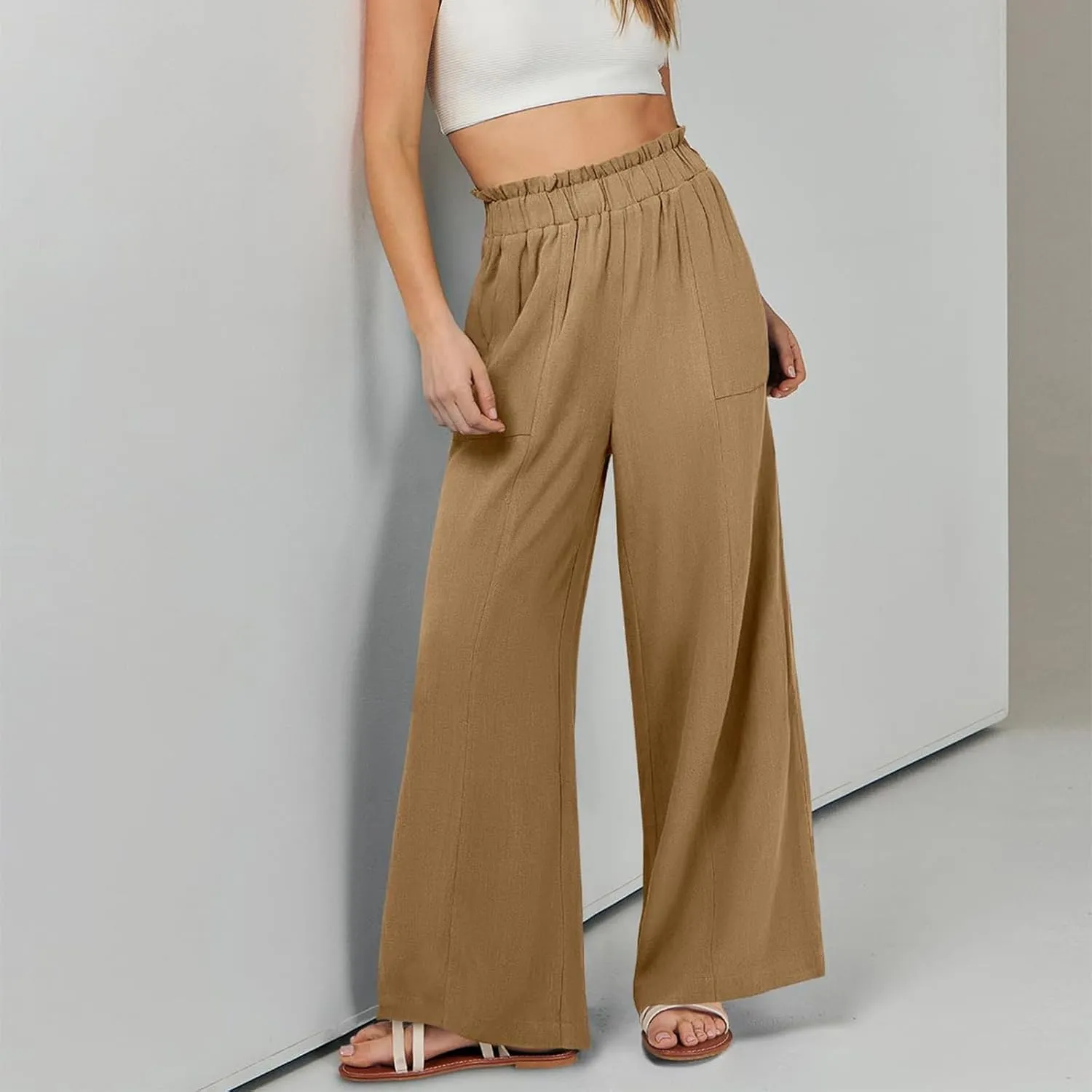 Linen Pants Women Plus Size Summer Casual Loose Flowy High Waited Beach Pants Trendy Summer Outfits with Pockets
