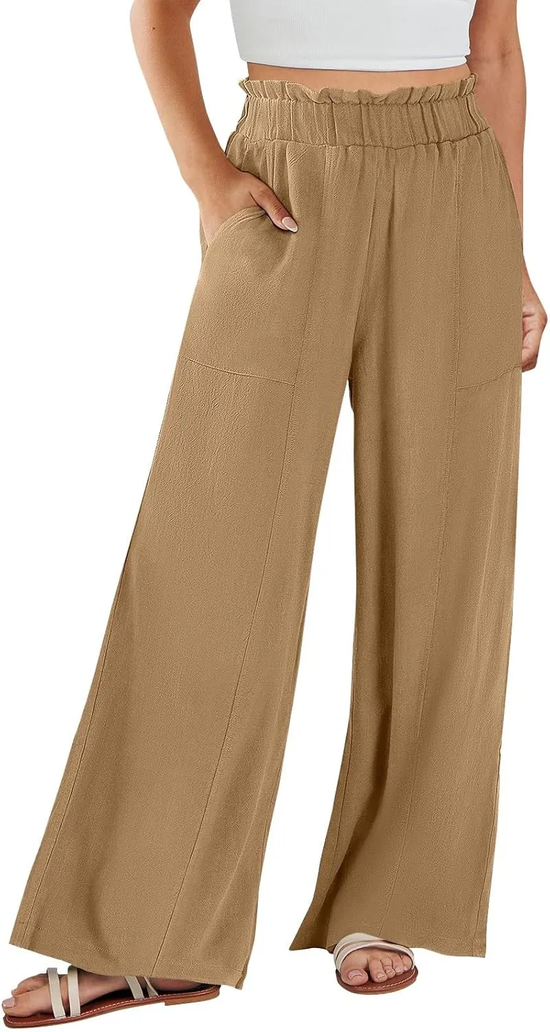 Linen Pants Women Plus Size Summer Casual Loose Flowy High Waited Beach Pants Trendy Summer Outfits with Pockets