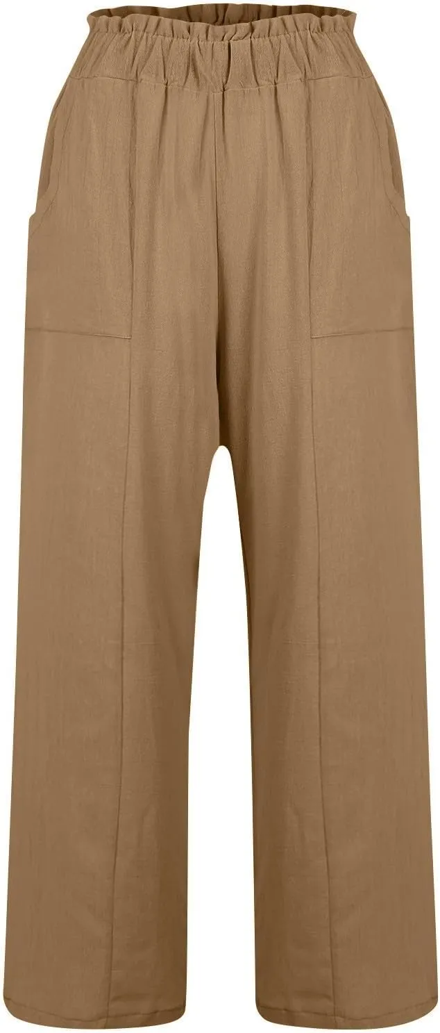 Linen Pants Women Plus Size Summer Casual Loose Flowy High Waited Beach Pants Trendy Summer Outfits with Pockets