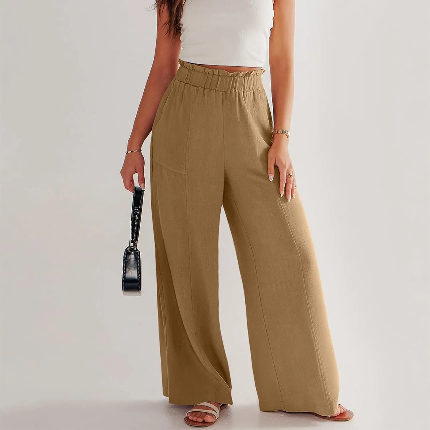 Linen Pants Women Plus Size Summer Casual Loose Flowy High Waited Beach Pants Trendy Summer Outfits with Pockets