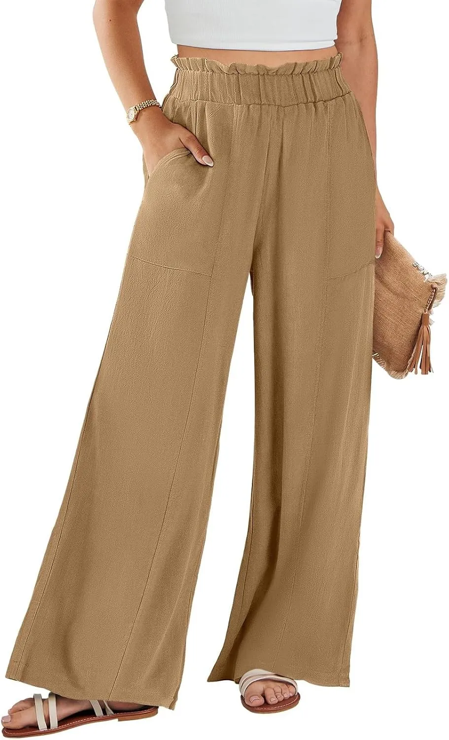 Linen Pants Women Plus Size Summer Casual Loose Flowy High Waited Beach Pants Trendy Summer Outfits with Pockets