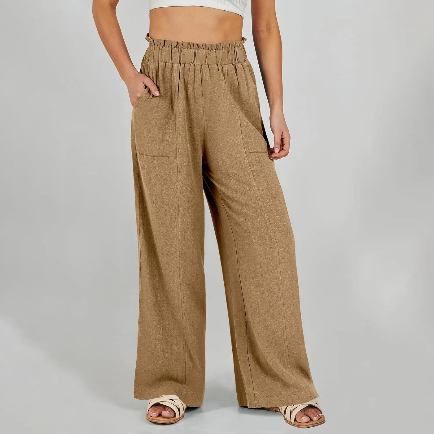 Linen Pants Women Plus Size Summer Casual Loose Flowy High Waited Beach Pants Trendy Summer Outfits with Pockets