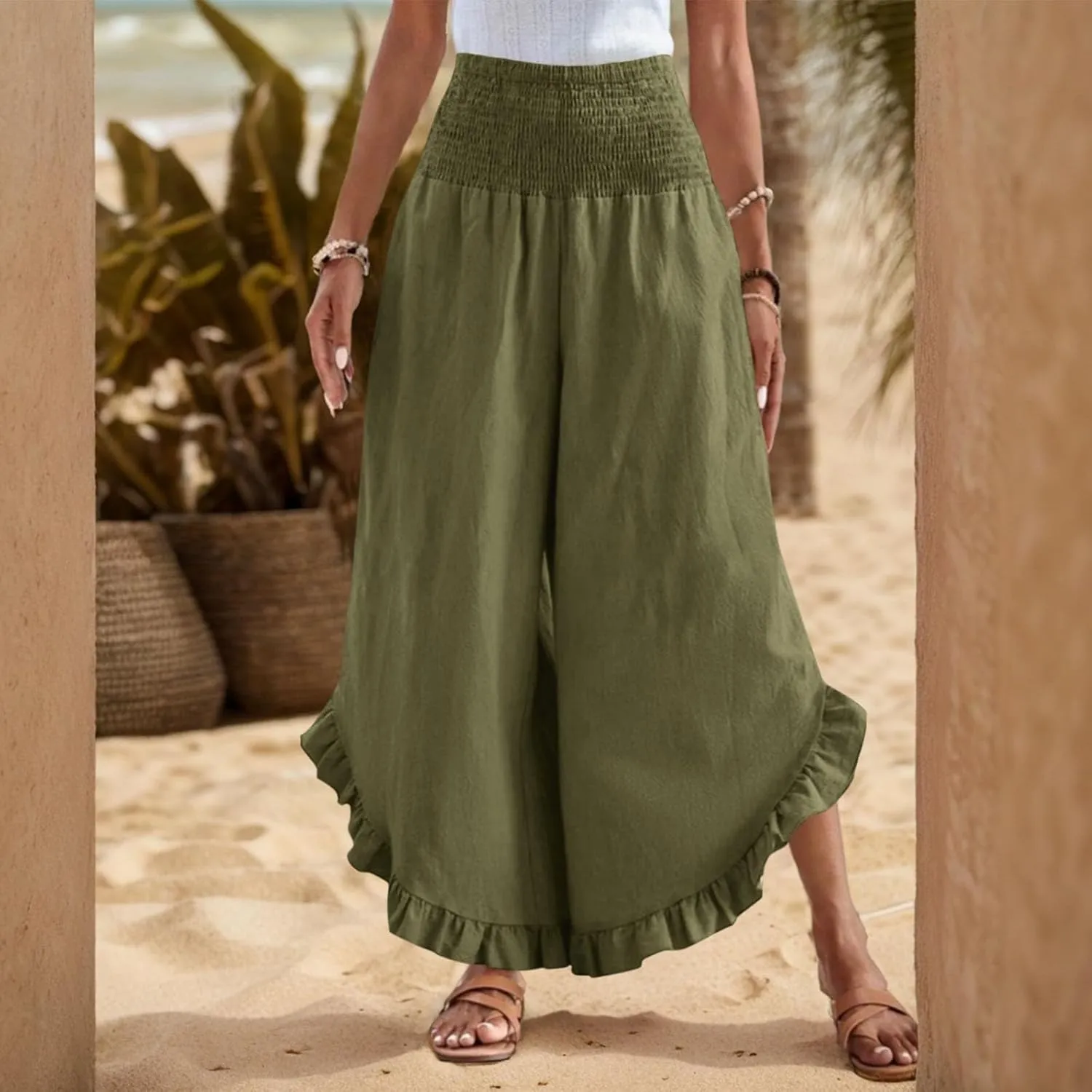 Linen Pants Women Summer Boho Wide Leg High Waist Lounge Palazzo Pant 2025 Casual Beach Vacation Outfits