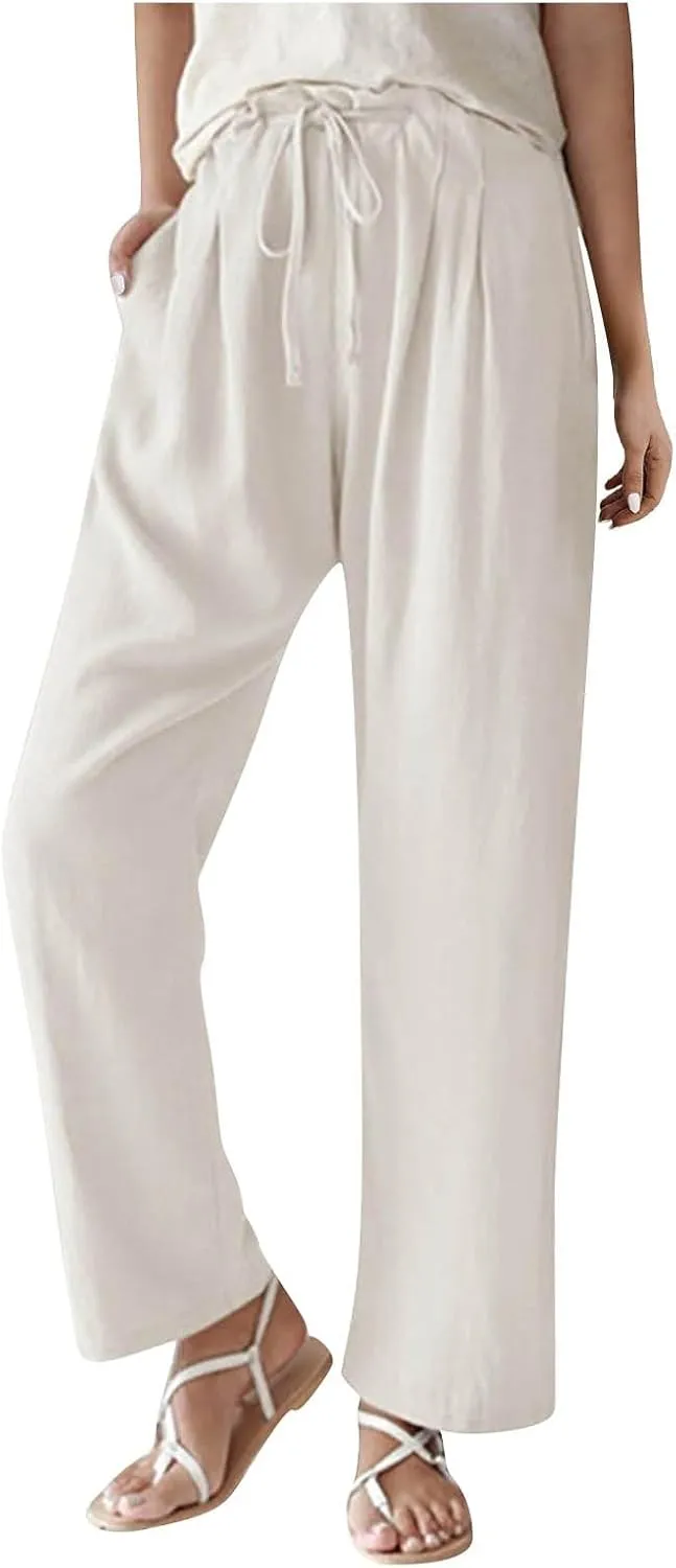 Linen Pants Women Summer Ruffle High Waisted Plus Size Wide Leg Pants Baggy Lounge Trousers with Pockets S-5Xl