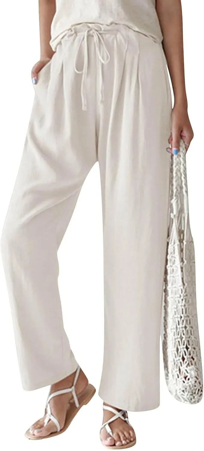 Linen Pants Women Summer Ruffle High Waisted Plus Size Wide Leg Pants Baggy Lounge Trousers with Pockets S-5Xl