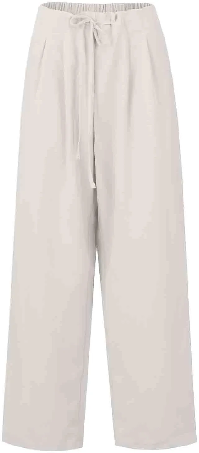 Linen Pants Women Summer Ruffle High Waisted Plus Size Wide Leg Pants Baggy Lounge Trousers with Pockets S-5Xl