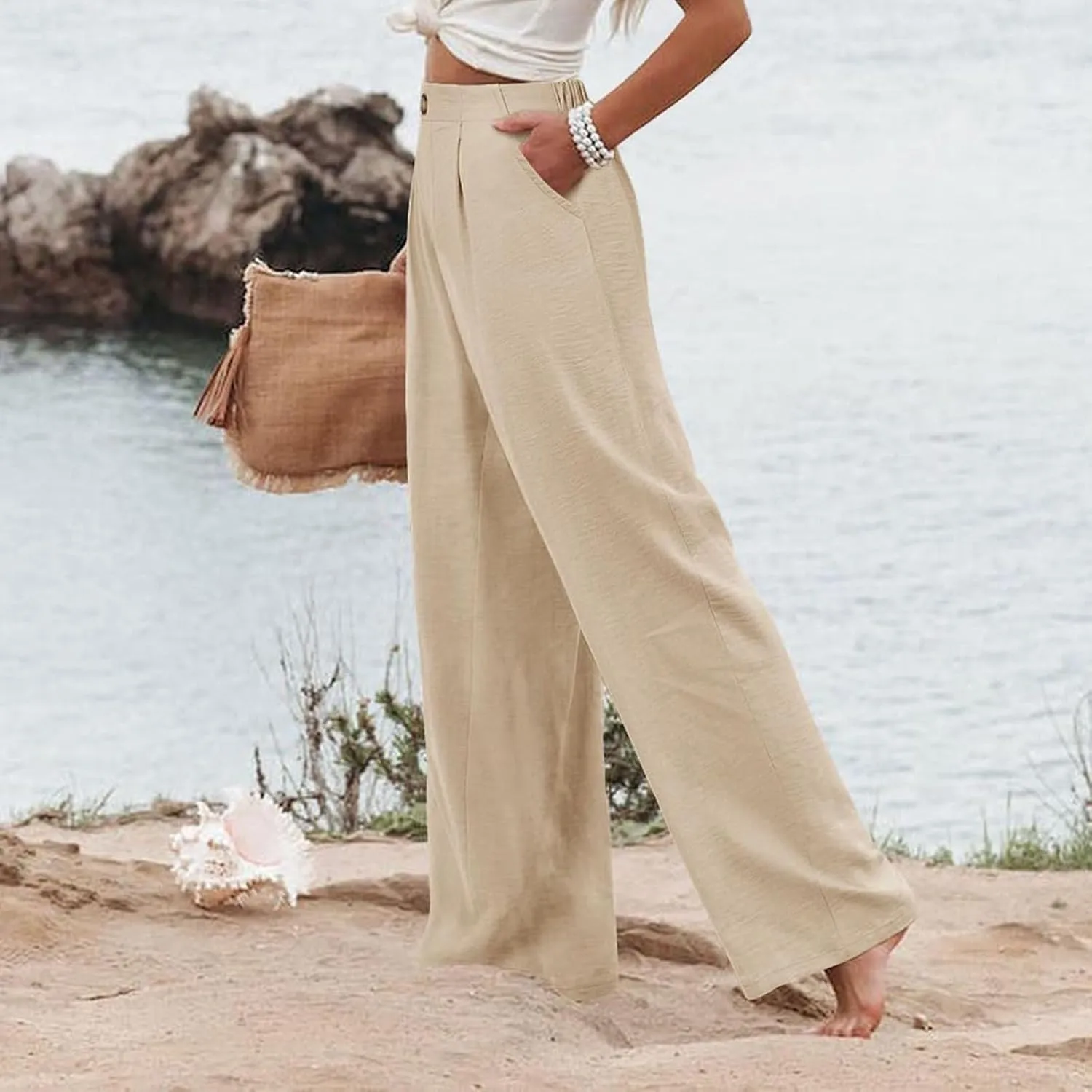 Linen Striped Pants Women Button Up Wide Leg Linen Pants Women Summer Casual Vintage Palazzo Pants with Pockets