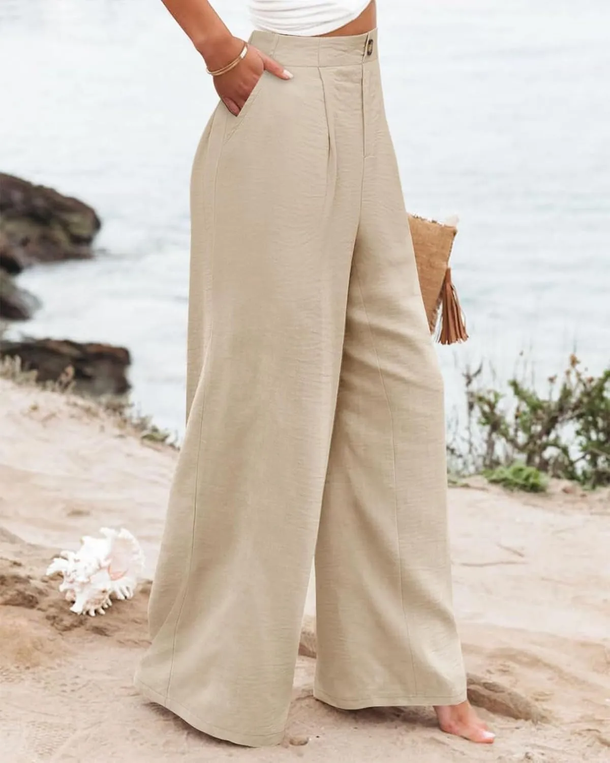 Linen Striped Pants Women Button Up Wide Leg Linen Pants Women Summer Casual Vintage Palazzo Pants with Pockets