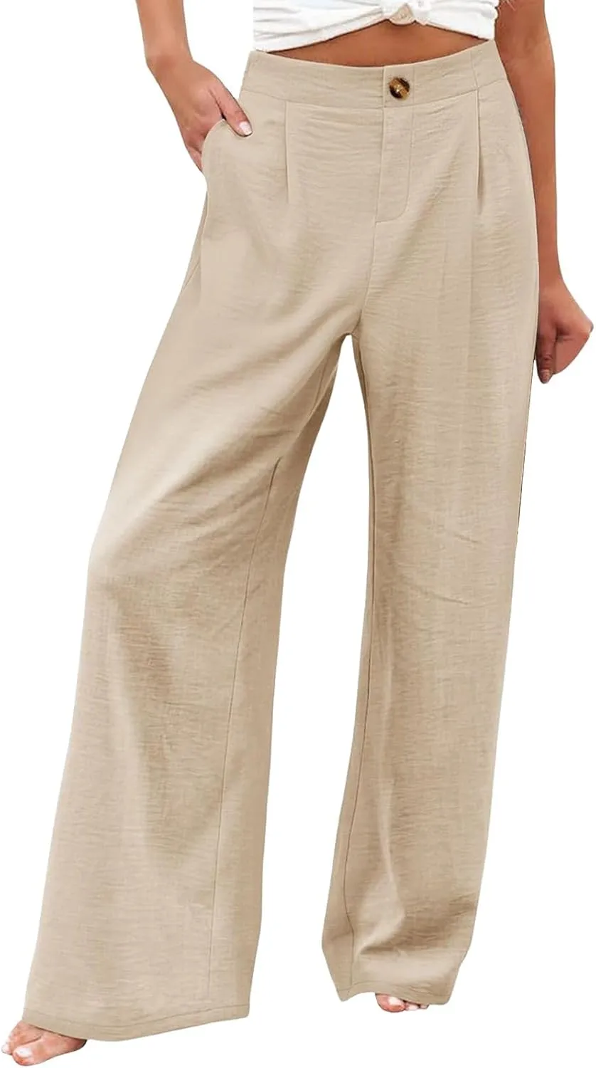 Linen Striped Pants Women Button Up Wide Leg Linen Pants Women Summer Casual Vintage Palazzo Pants with Pockets