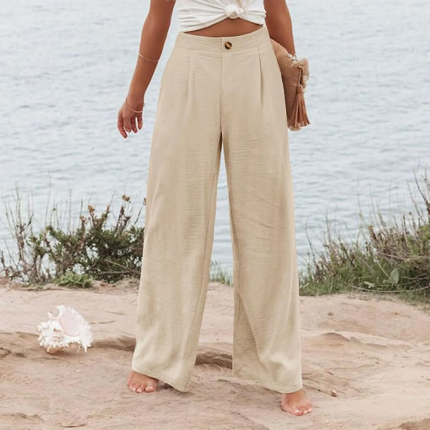 Linen Striped Pants Women Button Up Wide Leg Linen Pants Women Summer Casual Vintage Palazzo Pants with Pockets