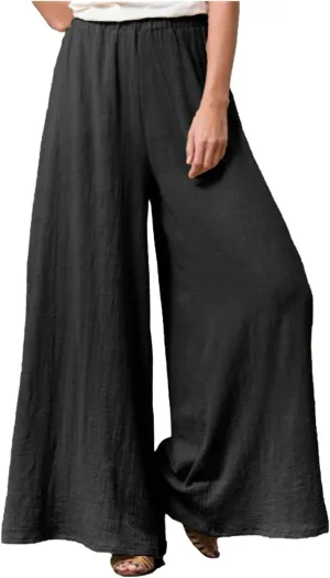 Linen Wide Leg Pants for Women Casual Summer Elastic High Waisted Flowy Beach Pants Loose Lounge Trousers Plus Size