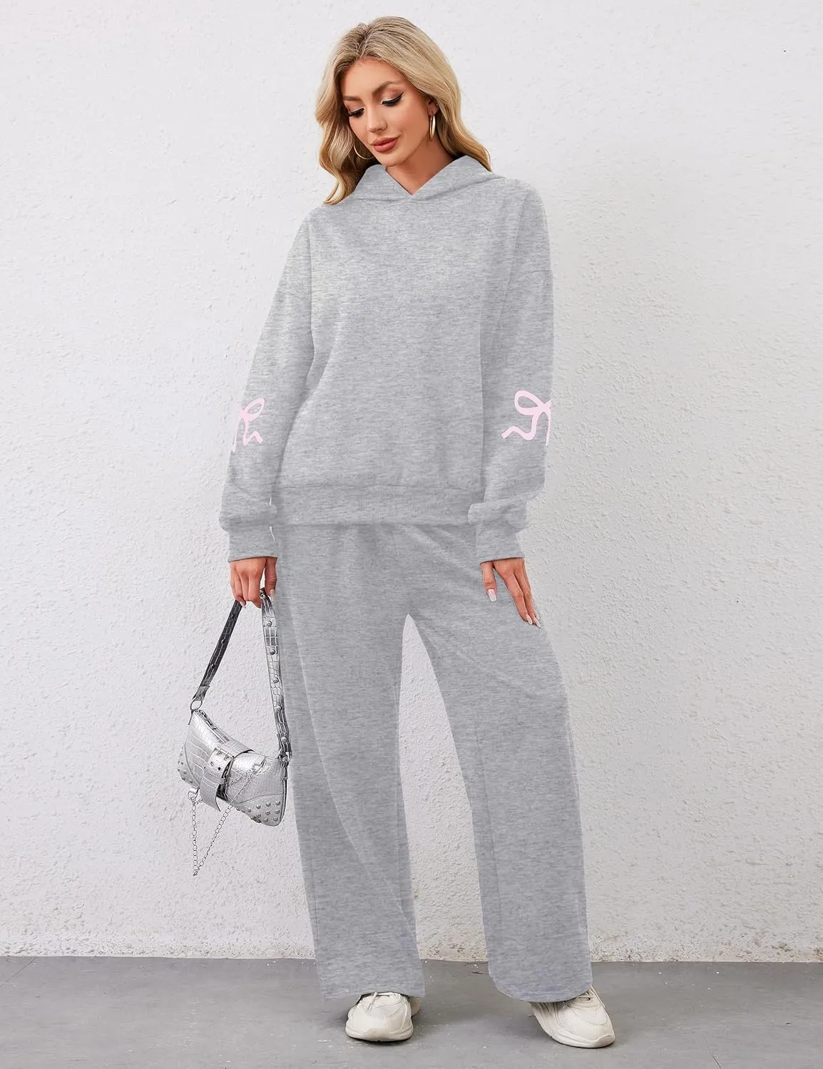 Livtany Women's 2 Piece Outfits Bow Trim Print Hoodie Sweatsuit Sets Oversized Sweatshirt Wide Leg Sweatpants With Pockets