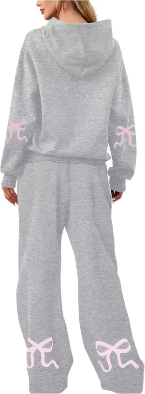 Livtany Women's 2 Piece Outfits Bow Trim Print Hoodie Sweatsuit Sets Oversized Sweatshirt Wide Leg Sweatpants With Pockets