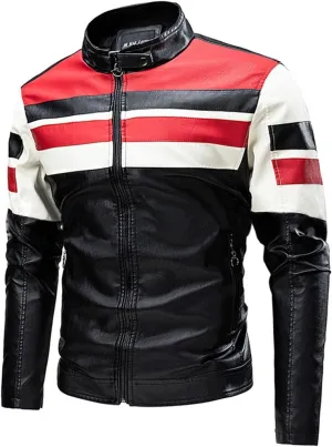 LOAIHA Men's Motorcycle Jacket Stand Collar Leather Jacket Spring and Fall Trendy Color Block Motor Biker Jacket