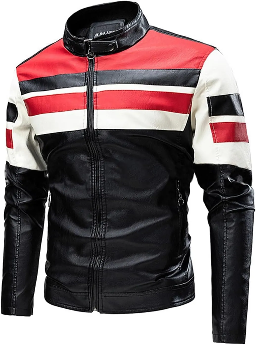 LOAIHA Men's Motorcycle Jacket Stand Collar Leather Jacket Spring and Fall Trendy Color Block Motor Biker Jacket