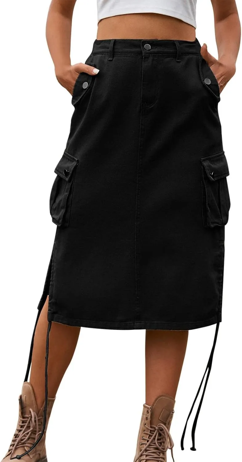 Long Skirt for Women Cargo Midi Elegant Pencil Skirt Casual Sexy Maxi Skirts Elastic Waisted Pencil Skirt B-Black