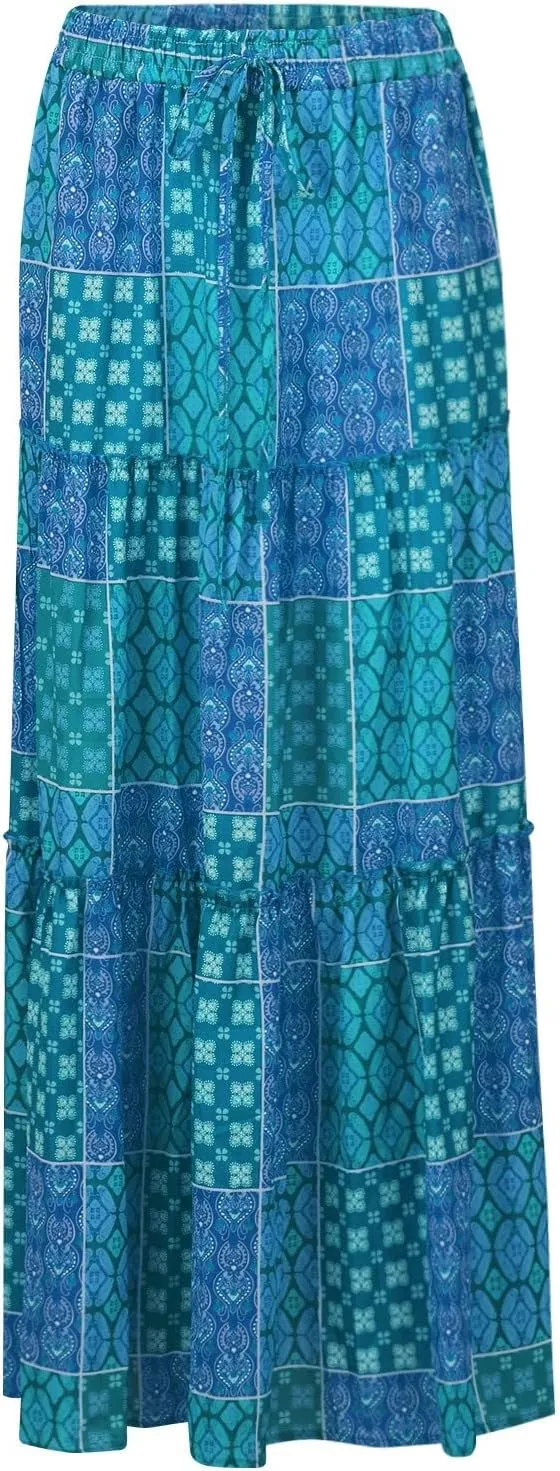 Long Skirts for Women Boho Floral High Waisted Casual A Line Skirt Pleated Beach Flowy Swing Maxi Skirts
