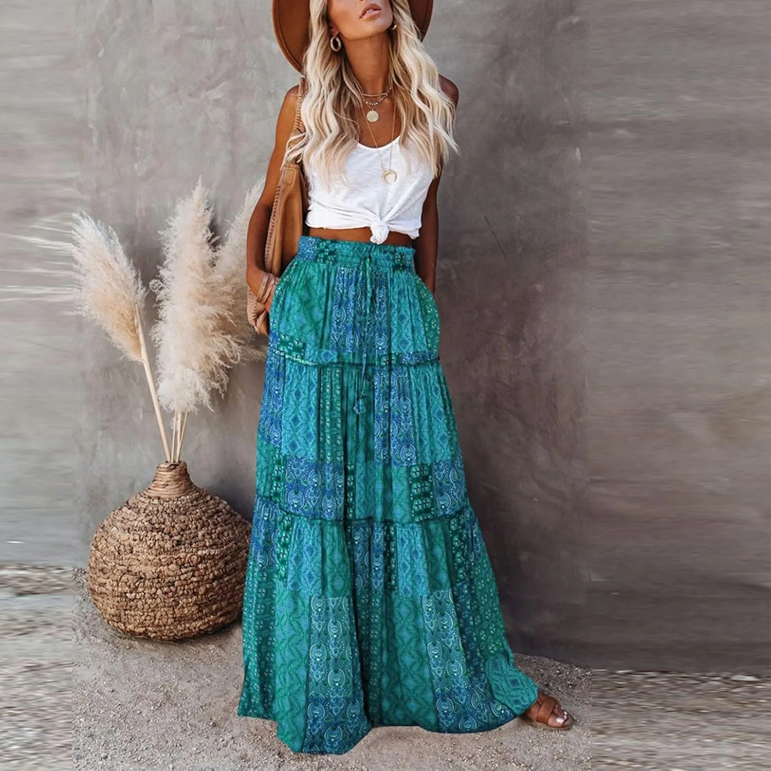 Long Skirts for Women Boho Floral High Waisted Casual A Line Skirt Pleated Beach Flowy Swing Maxi Skirts