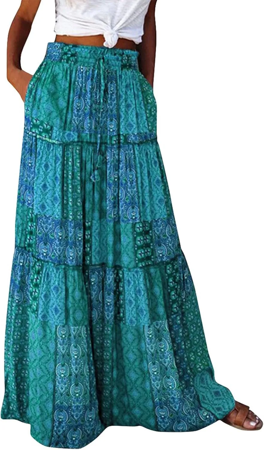 Long Skirts for Women Boho Floral High Waisted Casual A Line Skirt Pleated Beach Flowy Swing Maxi Skirts