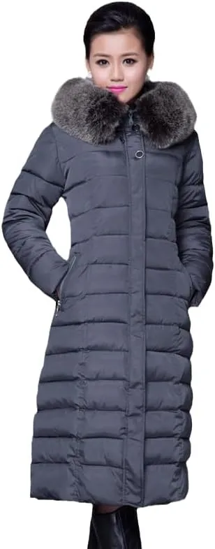 Long Women Winter Jacket Office Ladies Solid Parka Hooded Thick With Fur Collar Slim Cotton Padded Coat Jacke-