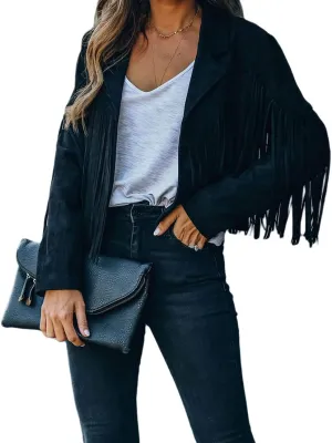 loveimgs Women Faux Suede Fringe Jacket Western Tassel Cropped Jacket Biker Motorcycle Leather Jacket