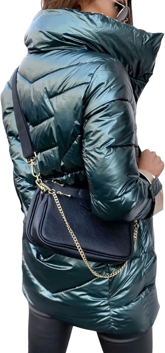 loveimgs Women Insulated Metallic Puffer Jacket Chevron Shiny Padded Bubble Jacket Parka Quilted Down Jacket