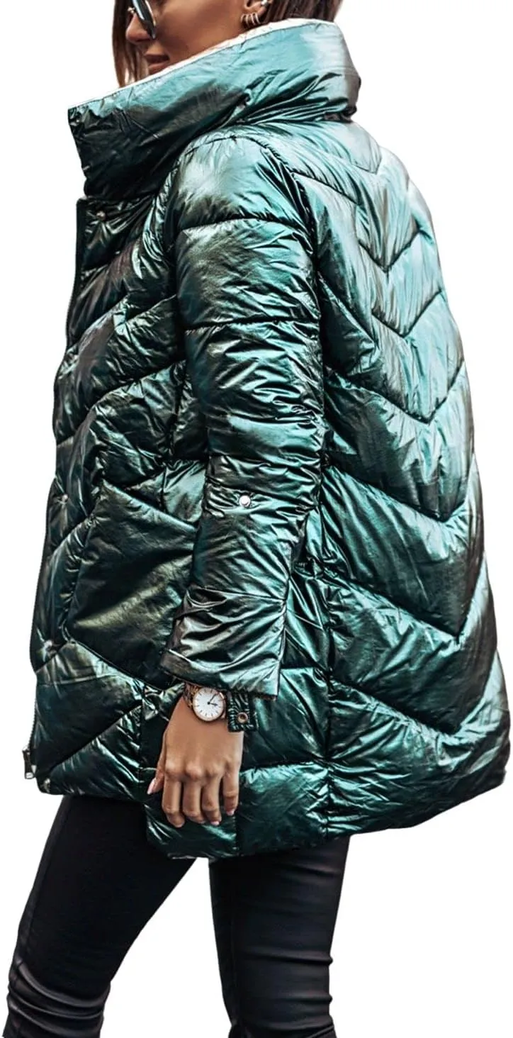 loveimgs Women Insulated Metallic Puffer Jacket Chevron Shiny Padded Bubble Jacket Parka Quilted Down Jacket