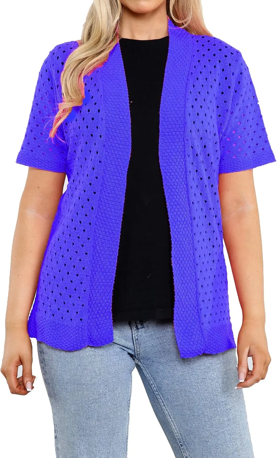 Loxdonz Women's Short Sleeve Knit Crochet Cardigan Sweaters Open Front Coat Summer Cardigan for Women