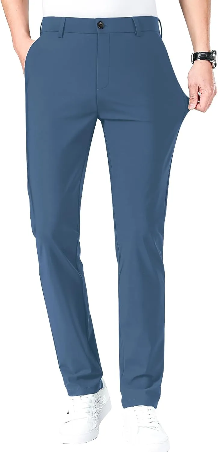 LUSHENUNI Men's Golf Pants Slim High Stretch, Ice Silk Dress Pants with Expandable-Waist Pants