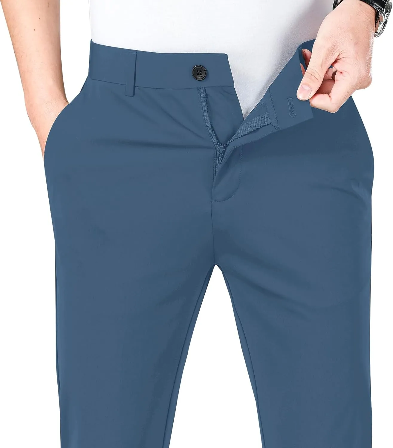 LUSHENUNI Men's Golf Pants Slim High Stretch, Ice Silk Dress Pants with Expandable-Waist Pants